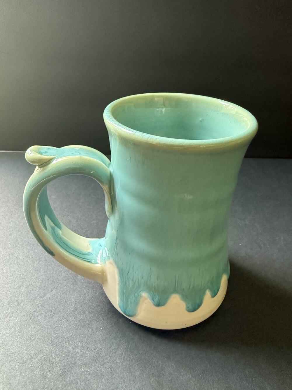 Studio Pottery Mug Drip Glaze Green Beige Cup Tea Coffee Artisan Ceramic Cottage